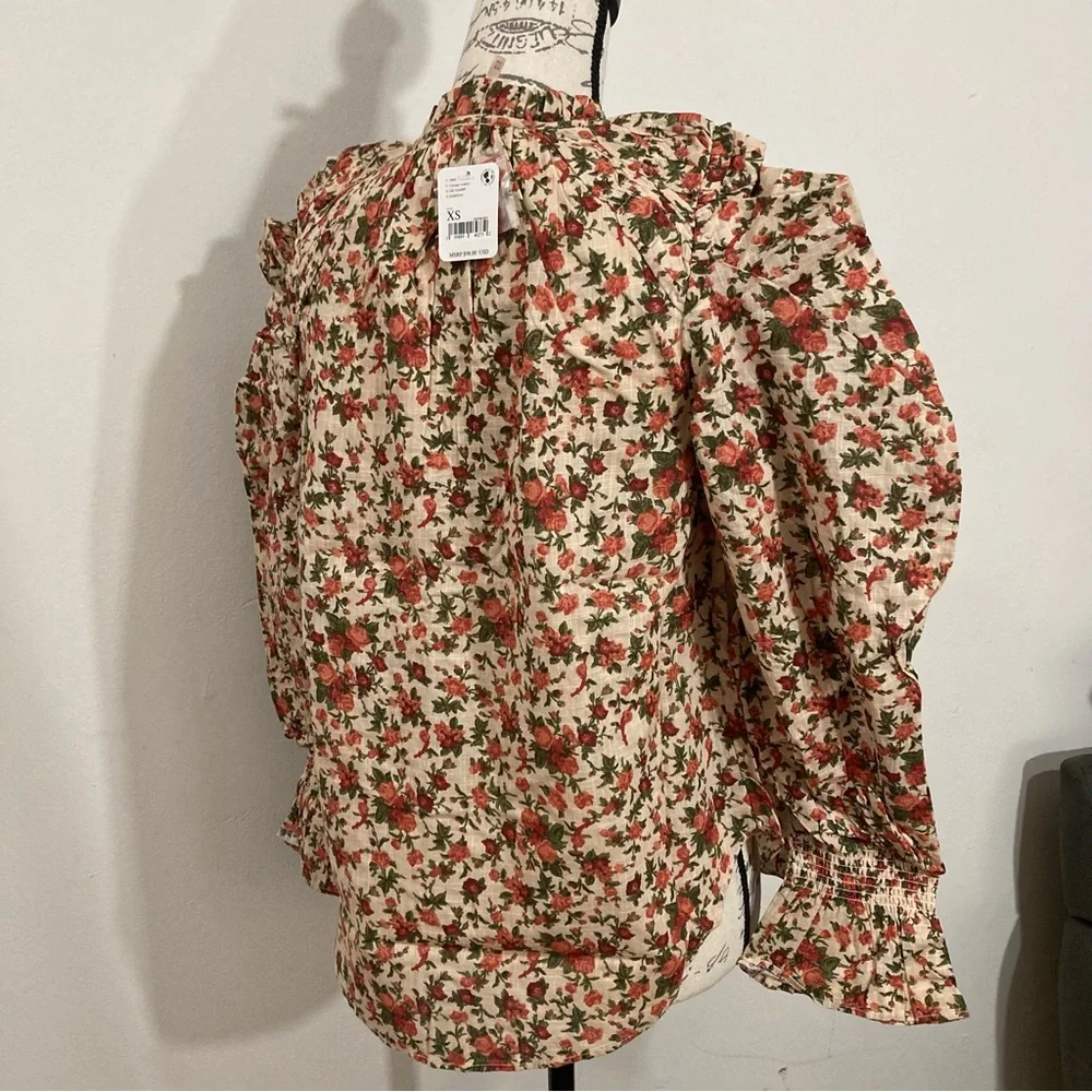 Free People Meant To Be Floral Roses Cotton Poet Blouse Statement Sleeves